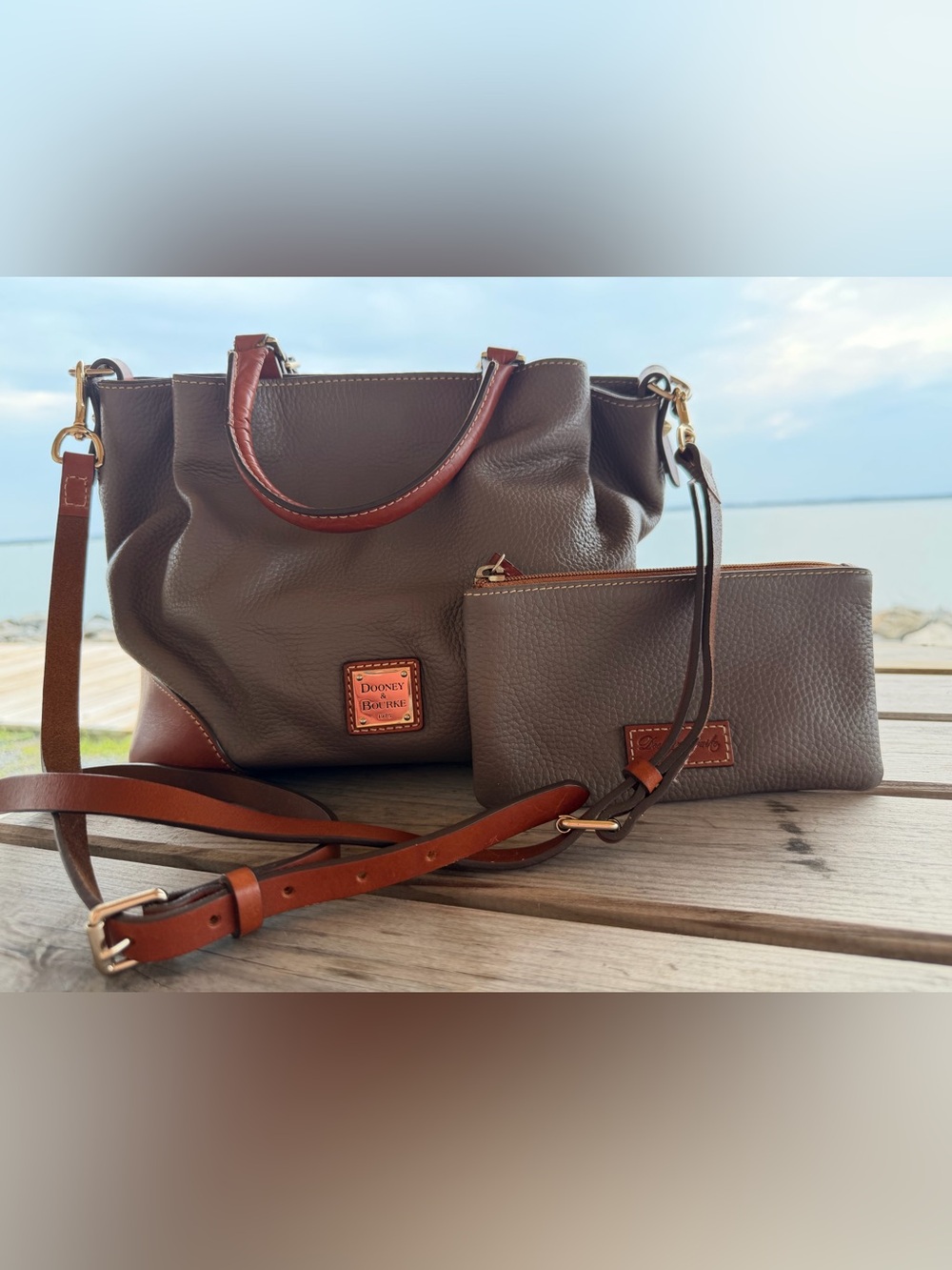 Dooney & Bourke Leather Shoulder Bag with Tan Accents and Wristlet